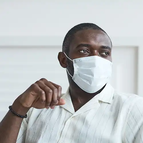 Types of extended audience members for Dial-a-Podcast clients including a man in a face mask