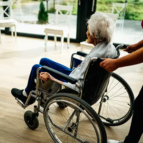 Types of extended audience members for Dial-a-Podcast clients including a senior woman in a wheelchair